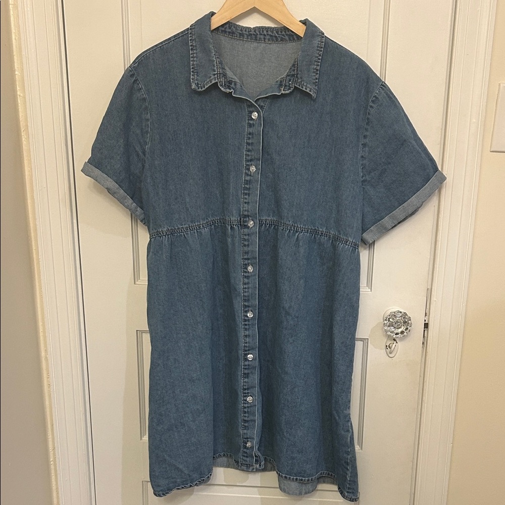 Button-Front Tiered Denim Shirt Dress - Blue